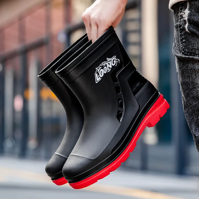 LONGYING Rain Boots Men Black/Black Red-7