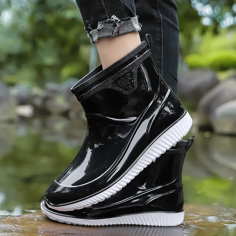 LONGYING Rain Boots Men Black/B&W/Blan/Blan-5
