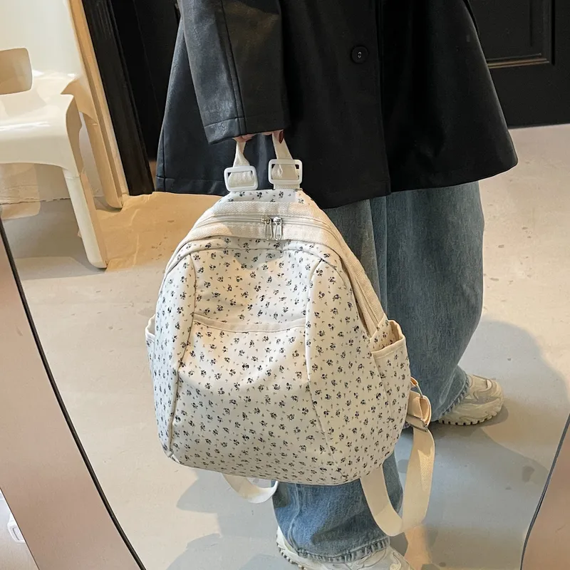 Yalu Nylon Backpack Regular Unisex Black/Pink Small Flower/Pink Print-5