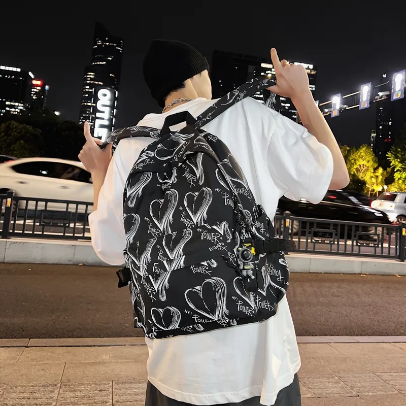 Yalu Nylon Backpack Regular Unisex White Heart/Black Heart-10