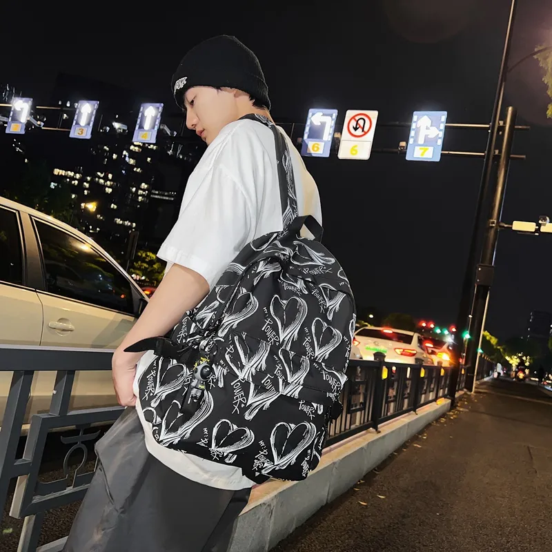 Yalu Nylon Backpack Regular Unisex White Heart/Black Heart-9