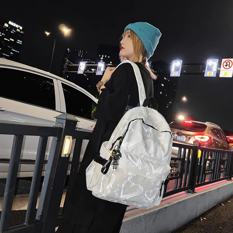 Yalu Nylon Backpack Regular Unisex White Heart/Black Heart-2