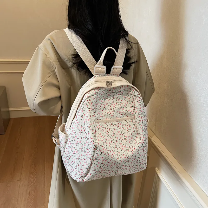 Yalu Nylon Backpack Regular Unisex Black/Pink Small Flower/Pink Print-15