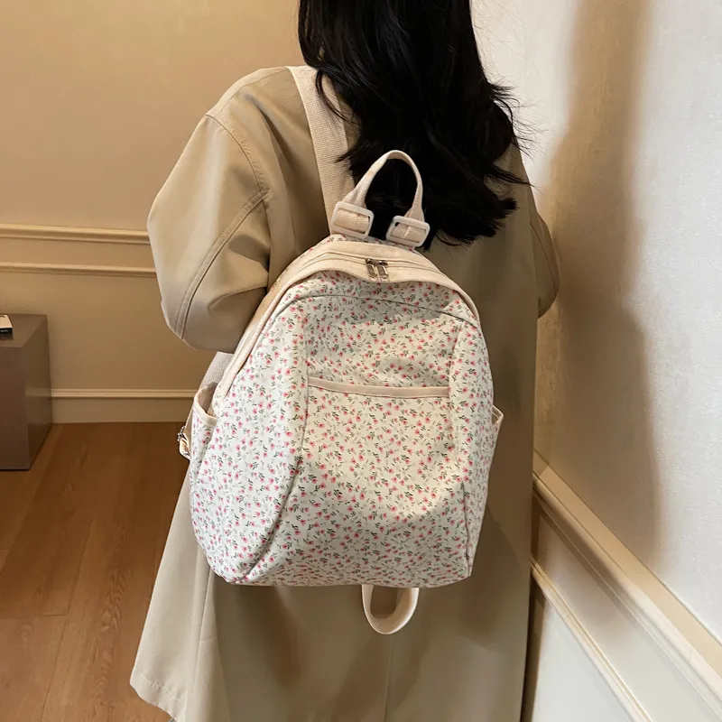 Yalu Nylon Backpack Regular Unisex Black/Pink Small Flower/Pink Print-18