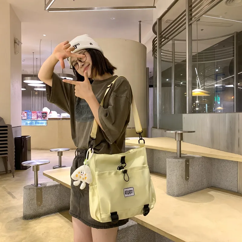 Yalu Nylon Tote Bag, Shoulder Bag Unisex Ecru/Yellow/Blue/Pink-10