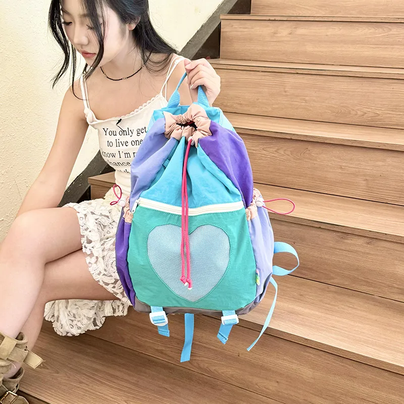 Yalu Nylon Backpack Regular Unisex Green/Pink/Brown-9