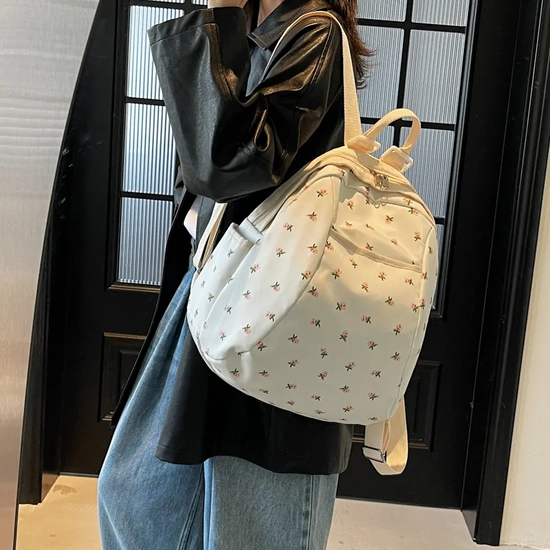 Yalu Nylon Backpack Regular Unisex Black/Pink Small Flower/Pink Print-9