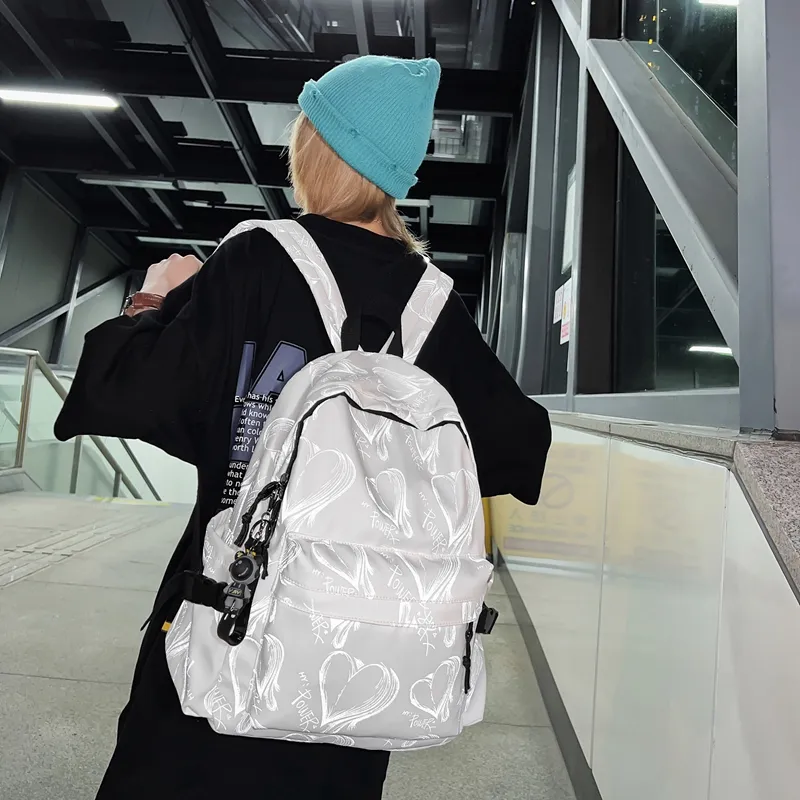 Yalu Nylon Backpack Regular Unisex White Heart/Black Heart-1