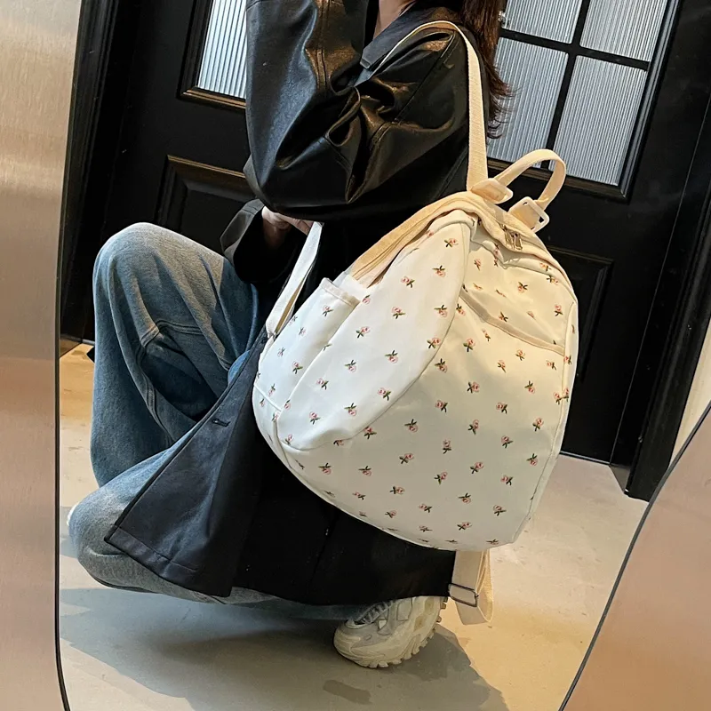 Yalu Nylon Backpack Regular Unisex Black/Pink Small Flower/Pink Print-8