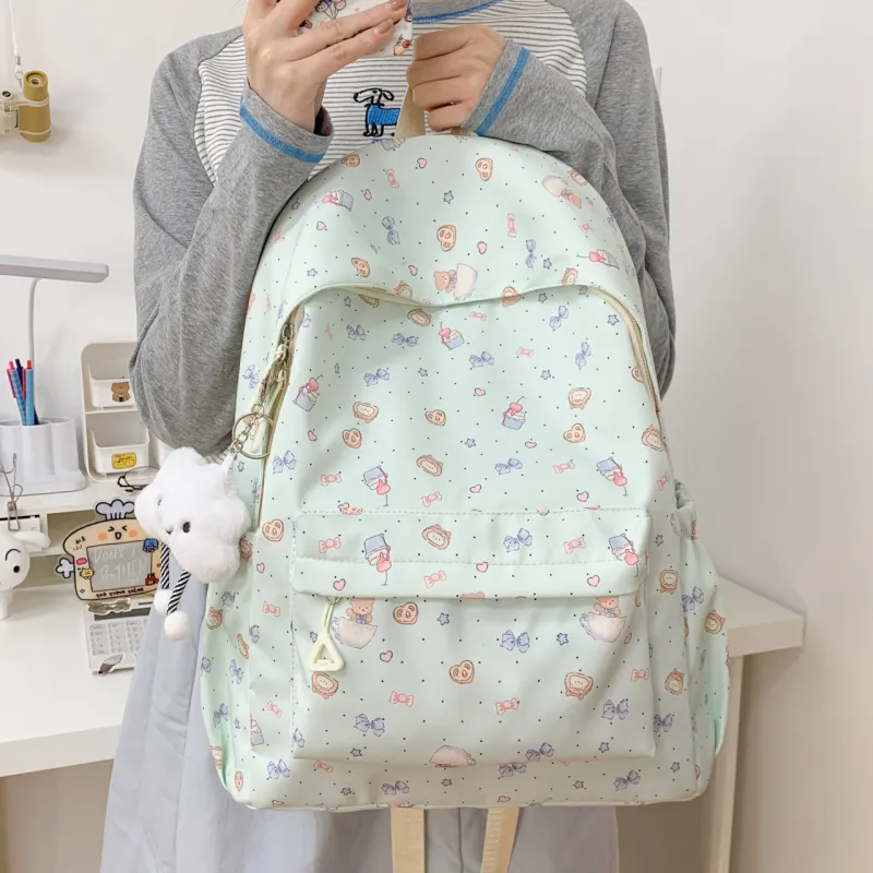 Yalu Composite Cloth Backpack Regular Unisex White Christmas Hats/White Puppy/Green Bowknot-11