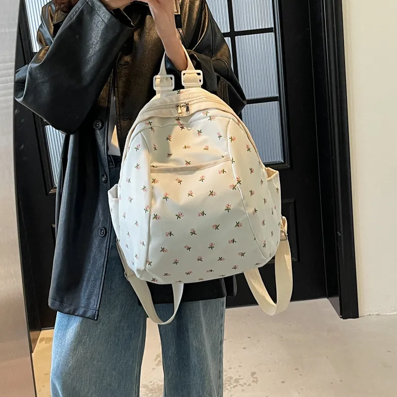 Yalu Nylon Backpack Regular Unisex Black/Pink Small Flower/Pink Print-12