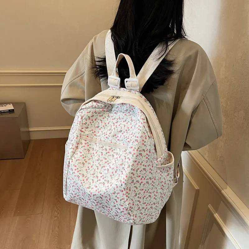 Yalu Nylon Backpack Regular Unisex Black/Pink Small Flower/Pink Print-16