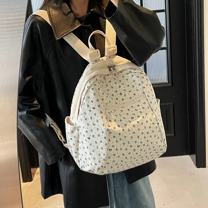 Yalu Nylon Backpack Regular Unisex Black/Pink Small Flower/Pink Print-3