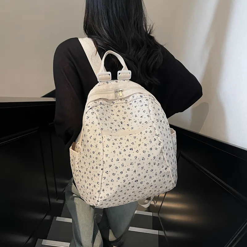 Yalu Nylon Backpack Regular Unisex Black/Pink Small Flower/Pink Print-6