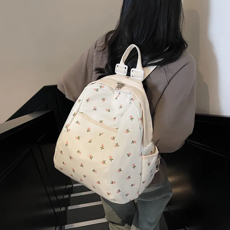 Yalu Nylon Backpack Regular Unisex Black/Pink Small Flower/Pink Print-13