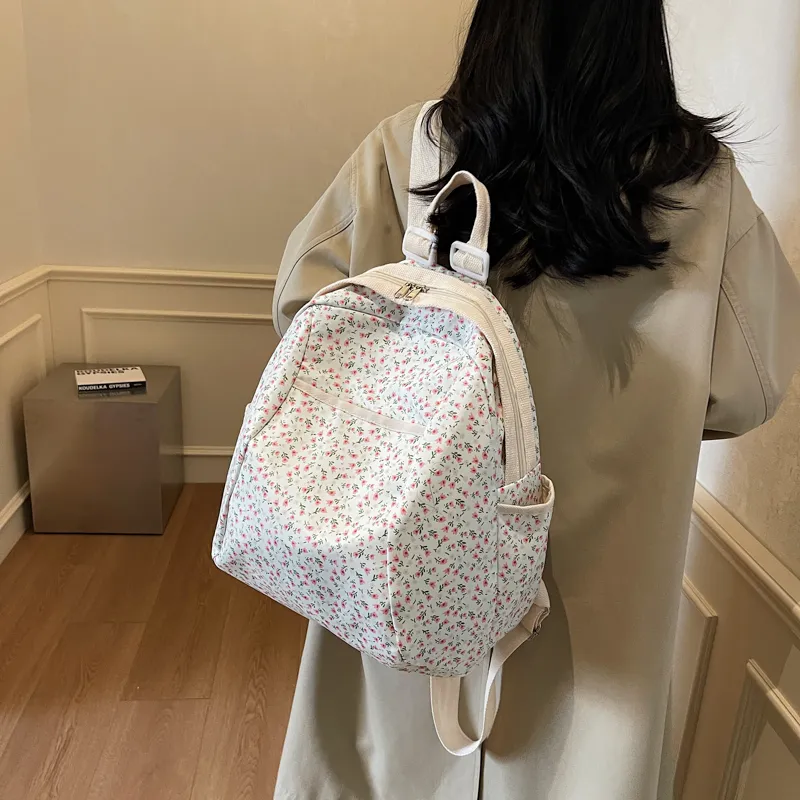 Yalu Nylon Backpack Regular Unisex Black/Pink Small Flower/Pink Print-17