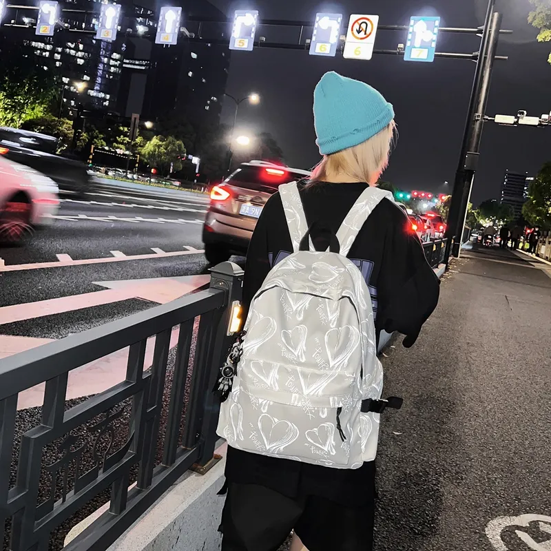 Yalu Nylon Backpack Regular Unisex White Heart/Black Heart-3