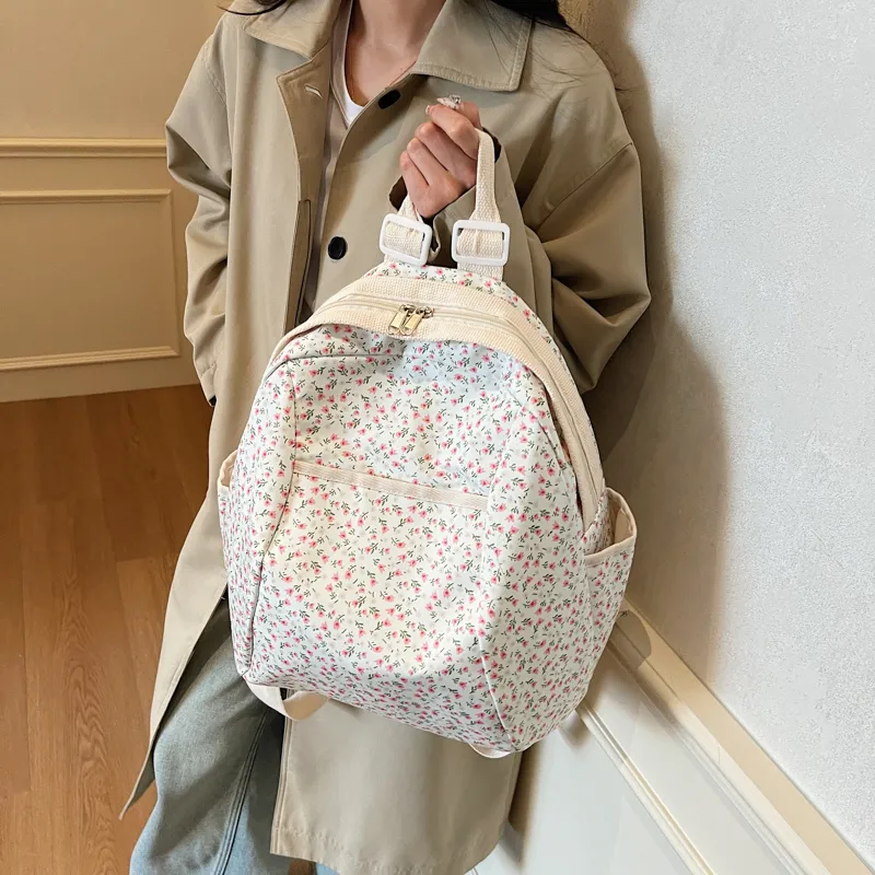 Yalu Nylon Backpack Regular Unisex Black/Pink Small Flower/Pink Print-20