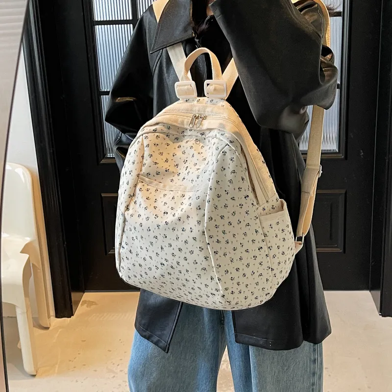 Yalu Nylon Backpack Regular Unisex Black/Pink Small Flower/Pink Print-2