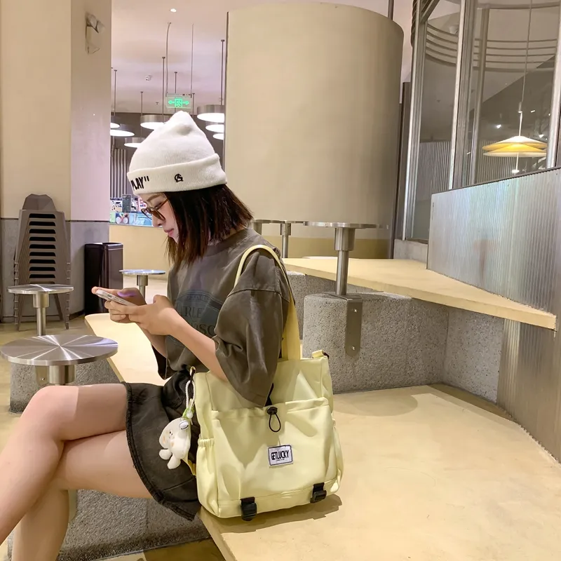 Yalu Nylon Tote Bag, Shoulder Bag Unisex Ecru/Yellow/Blue/Pink-8