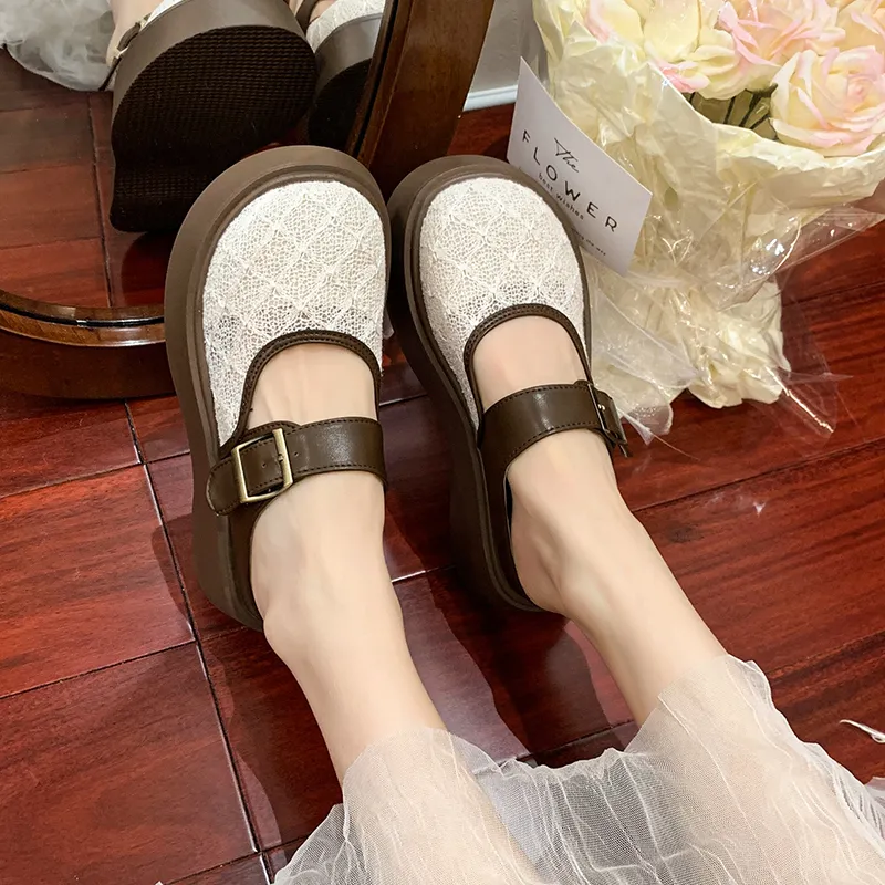 SUPEREDGE Rubber Sole Leather Patchwork Quiet Abrasion Resistant Closed Toe Slippers Women's-7