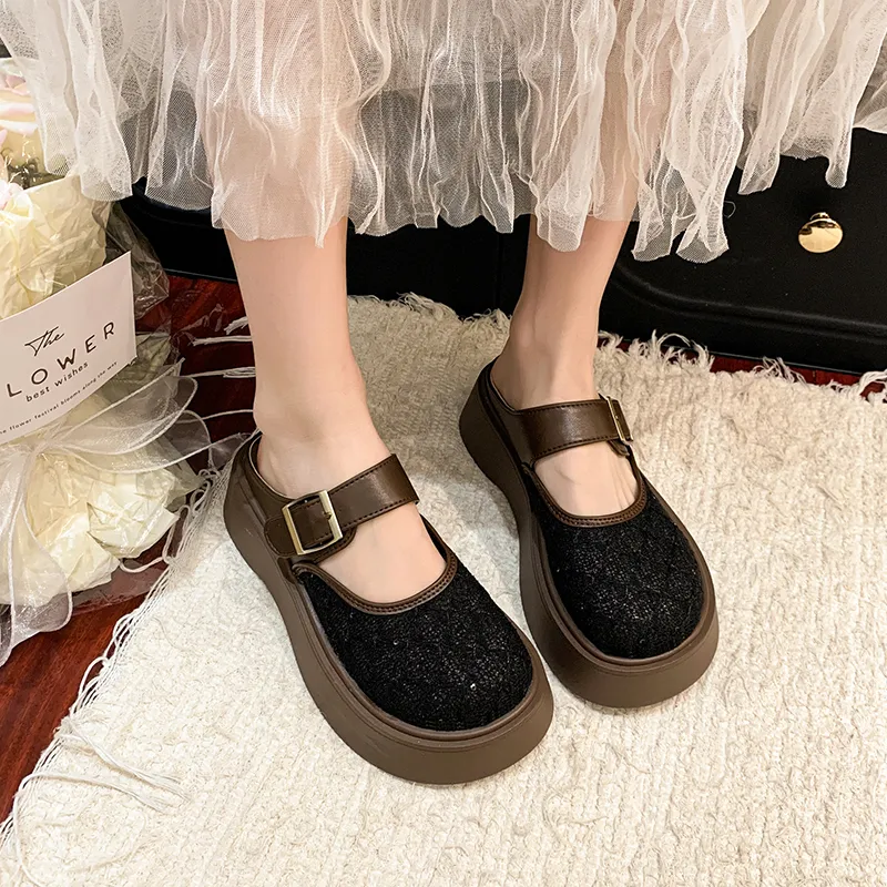 SUPEREDGE Rubber Sole Leather Patchwork Quiet Abrasion Resistant Closed Toe Slippers Women's-2