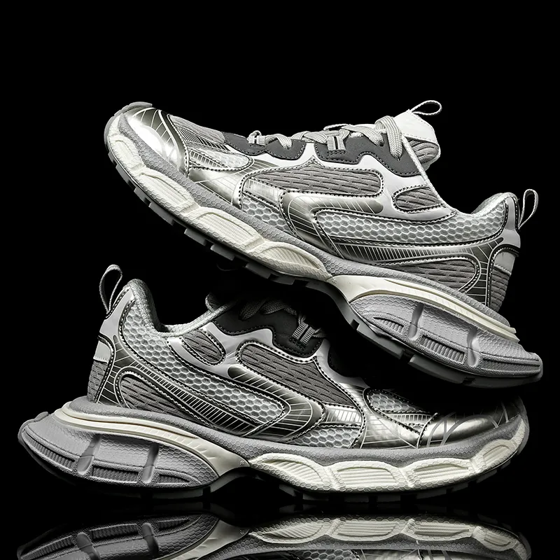 SUPEREDGE Slip Resistant Lightweight Cushioning Low Top Chunky Sneakers Unisex Silver-4