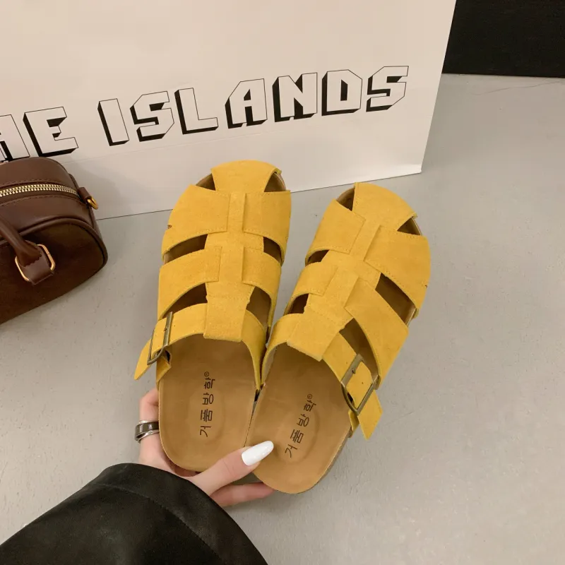 SUPEREDGE Leather Patchwork Quiet Abrasion Resistant Closed Toe Slippers Women's Yellow-2