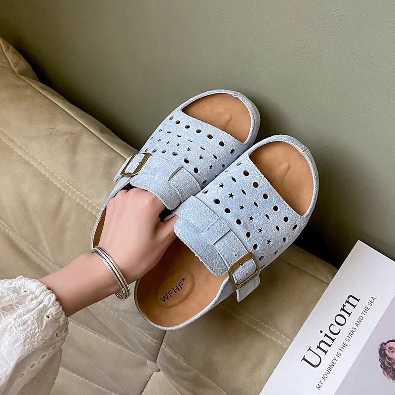 SUPEREDGE Leather Patchwork Quiet Abrasion Resistant Slide Slippers Women's Light Gray Blue-1