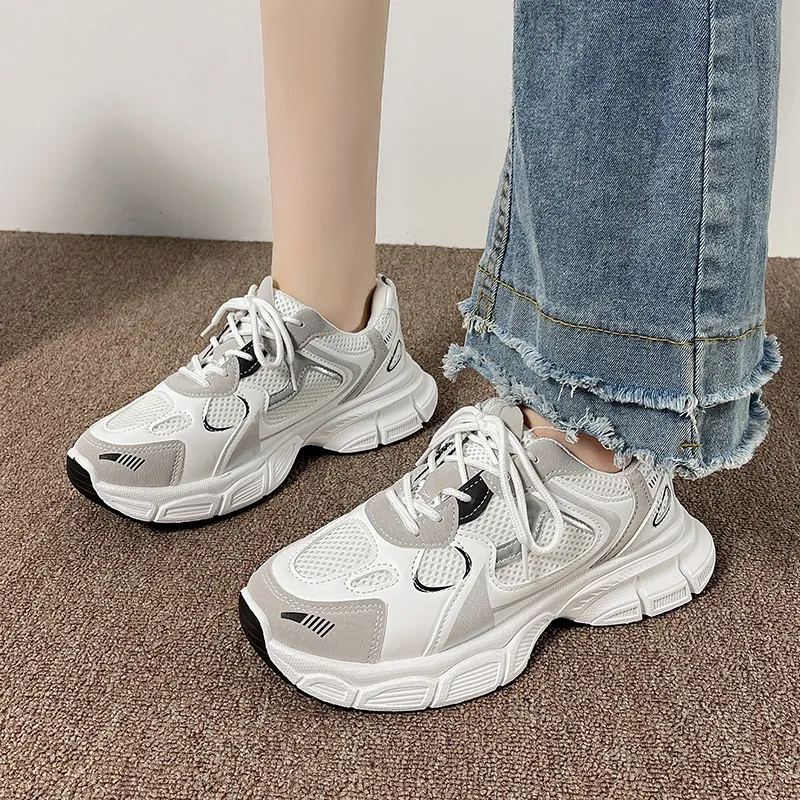 SUPEREDGE Abrasion Resistant Slip Resistant Low Top Chunky Sneakers Women's White Black-4
