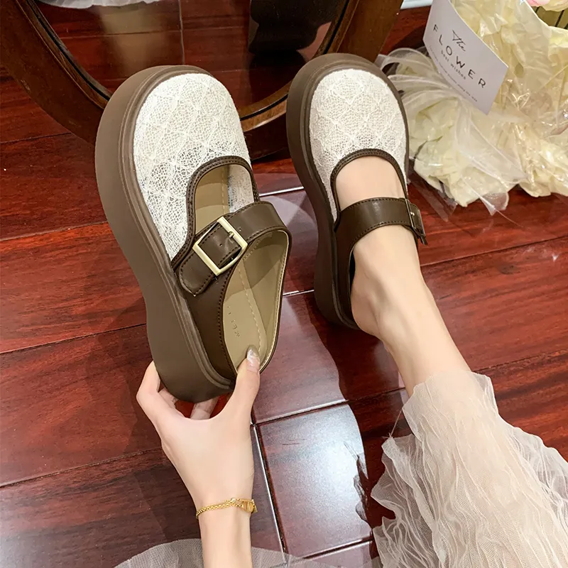 SUPEREDGE Rubber Sole Leather Patchwork Quiet Abrasion Resistant Closed Toe Slippers Women's-6