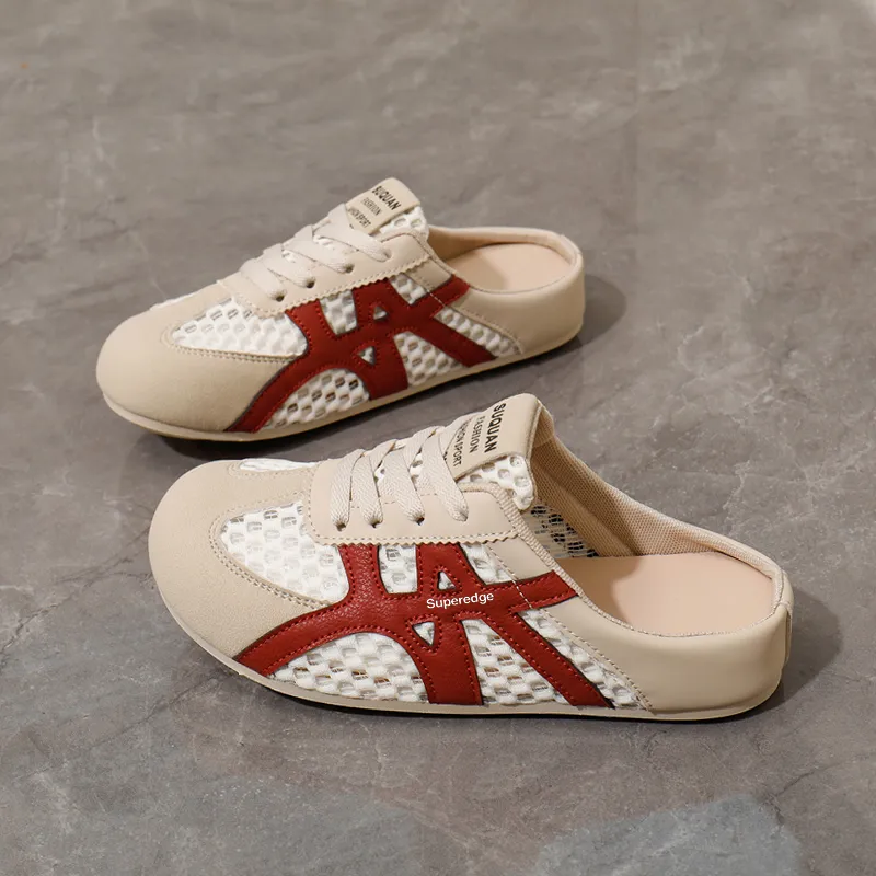 SUPEREDGE Rubber Sole Leather Patchwork Quiet Abrasion Resistant Closed Toe Slippers Women's-1