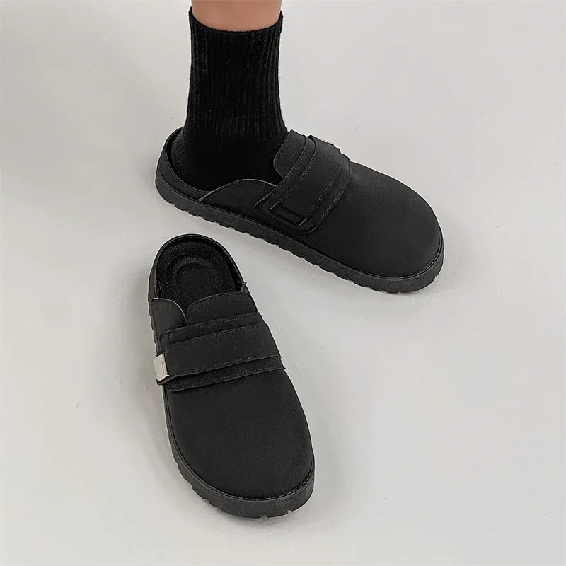 SUPEREDGE Leather Patchwork Quiet Abrasion Resistant Closed Toe Slippers Men's Black-2