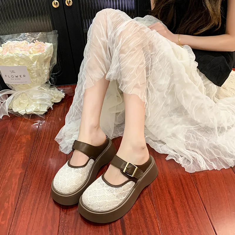 SUPEREDGE Rubber Sole Leather Patchwork Quiet Abrasion Resistant Closed Toe Slippers Women's-9
