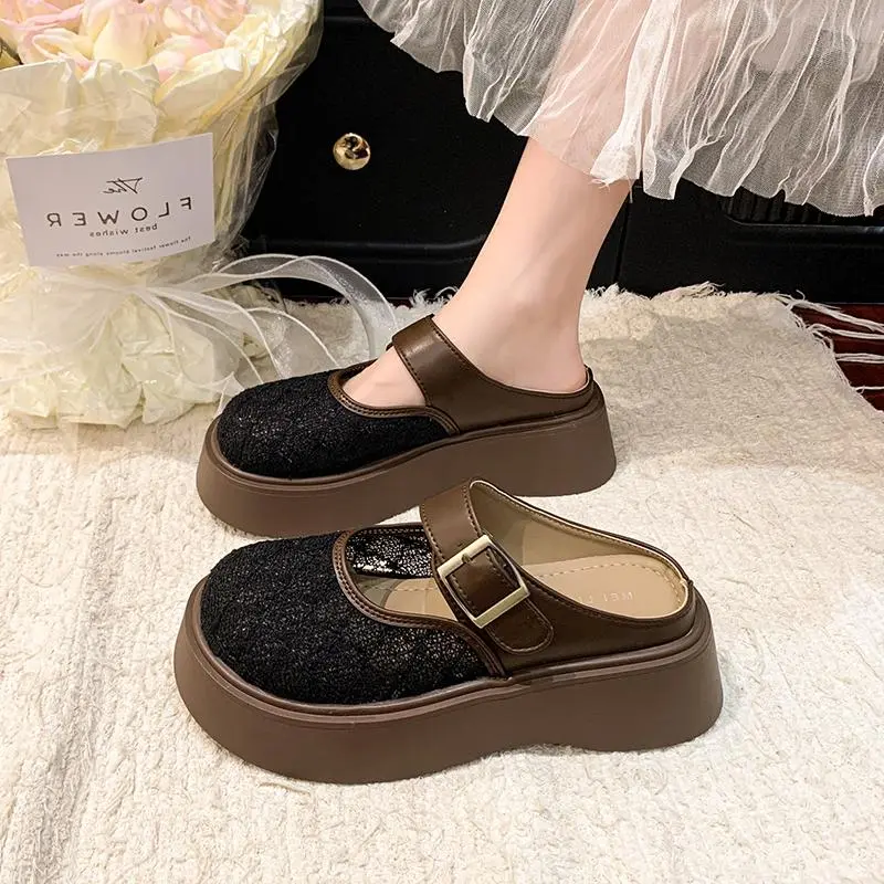SUPEREDGE Rubber Sole Leather Patchwork Quiet Abrasion Resistant Closed Toe Slippers Women's-4