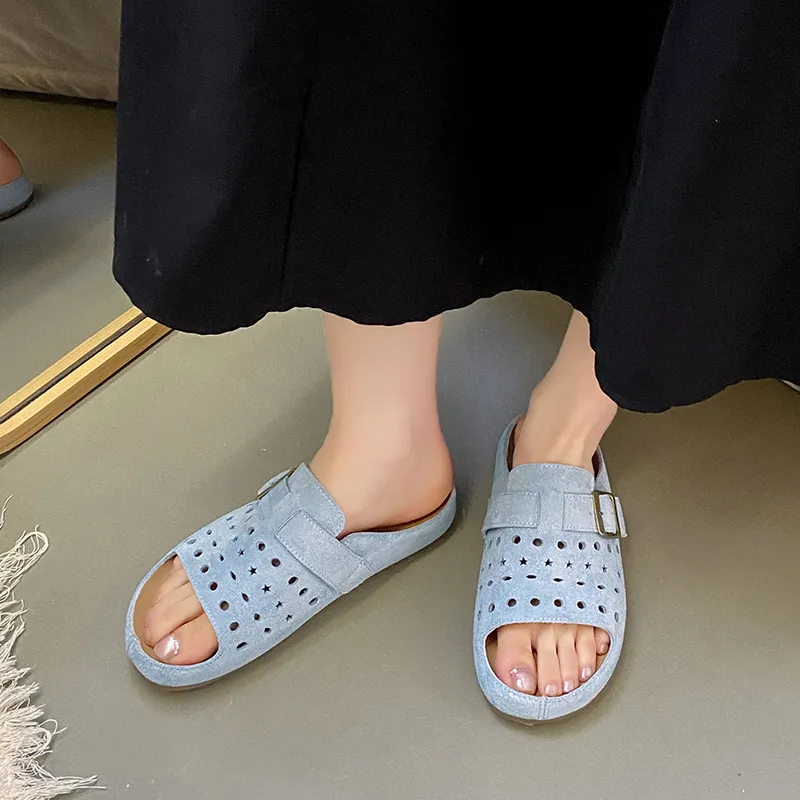 SUPEREDGE Leather Patchwork Quiet Abrasion Resistant Slide Slippers Women's Light Gray Blue-2