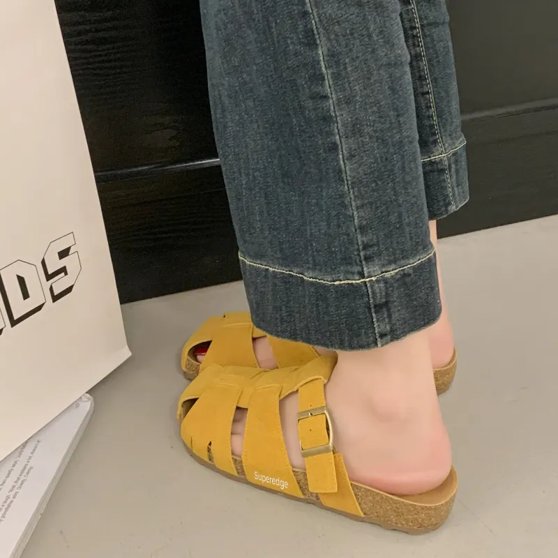 SUPEREDGE Leather Patchwork Quiet Abrasion Resistant Closed Toe Slippers Women's Yellow-1