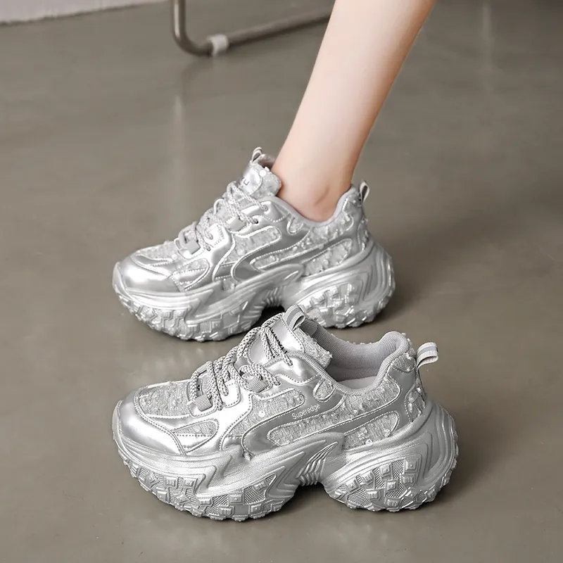 SUPEREDGE Slip Resistant And Abrasion Resistant Coverage Low Top Chunky Sneakers Women's Silver-3
