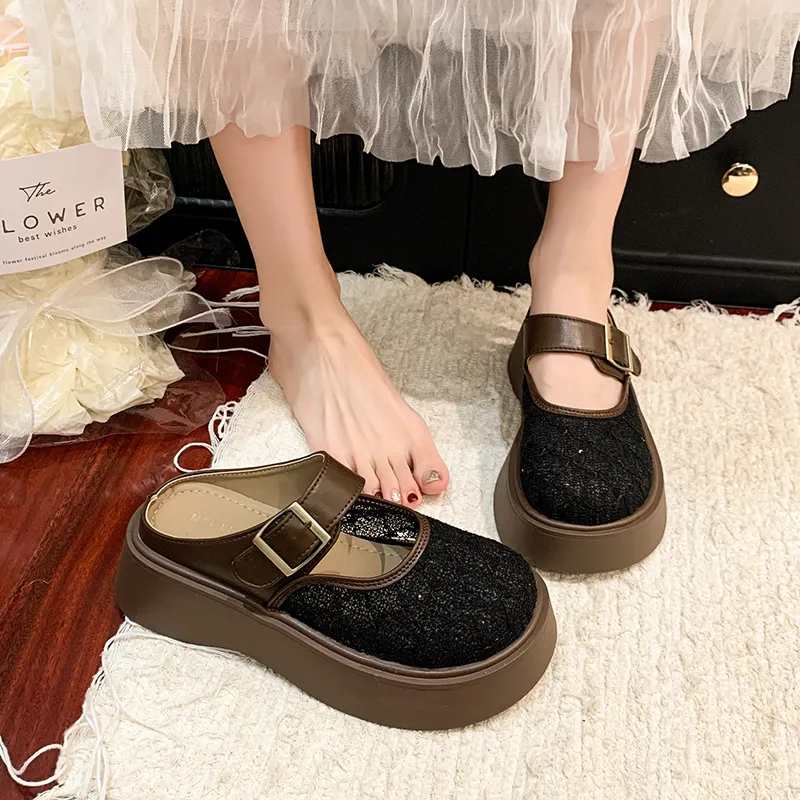 SUPEREDGE Rubber Sole Leather Patchwork Quiet Abrasion Resistant Closed Toe Slippers Women's-3