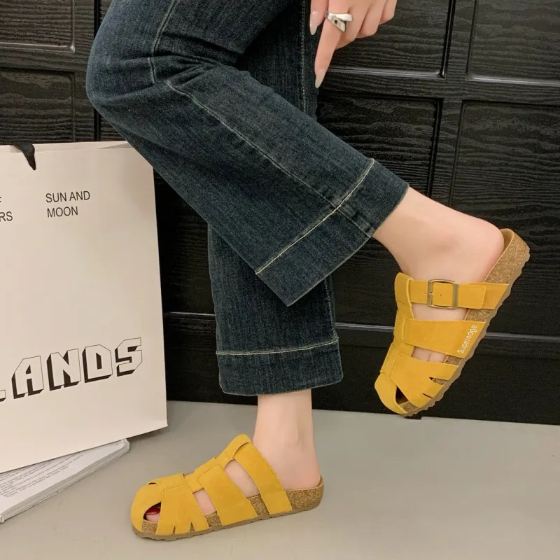 SUPEREDGE Leather Patchwork Quiet Abrasion Resistant Closed Toe Slippers Women's Yellow-3