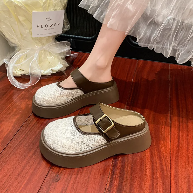SUPEREDGE Rubber Sole Leather Patchwork Quiet Abrasion Resistant Closed Toe Slippers Women's-8