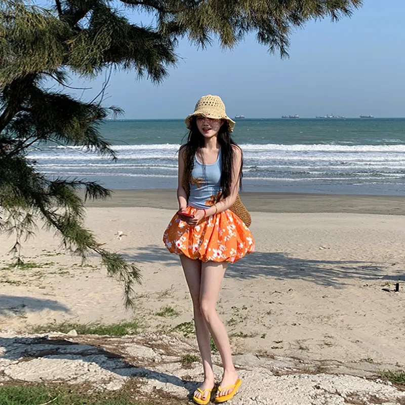 REMOULD Two Piece Skirt Sets Women's Blue Camisole Dress/Orange Pants Skirt-2