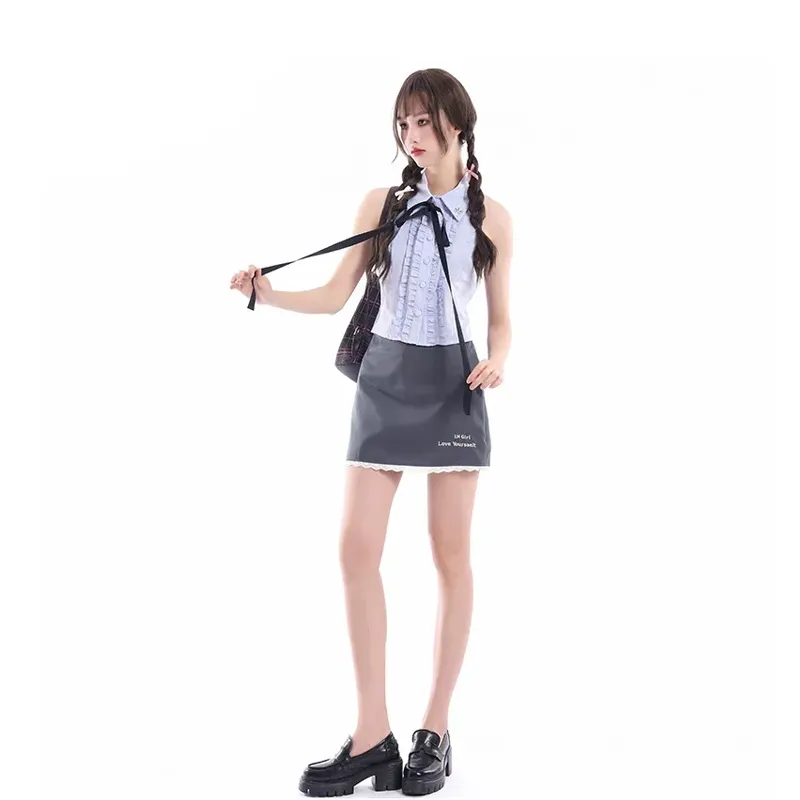 REMOULD Two Piece Skirt Sets Women's Blue Shirt/Gray Skirt-3