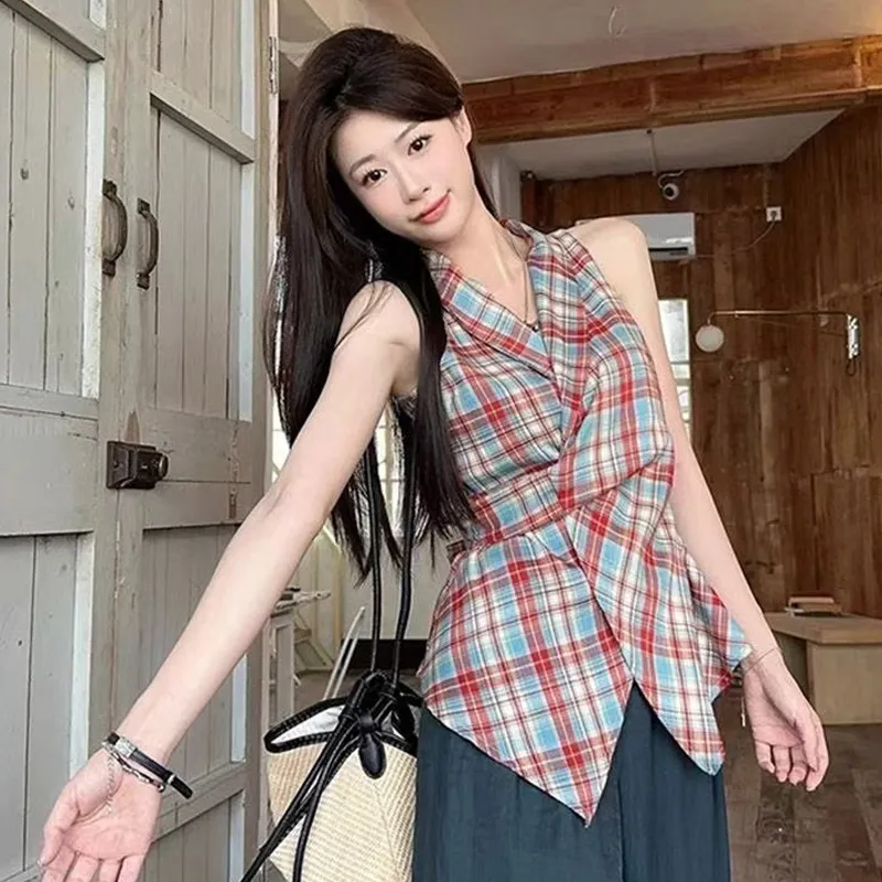 REMOULD Tank Tops Women's Red Plaid Top Shopping Bag-4