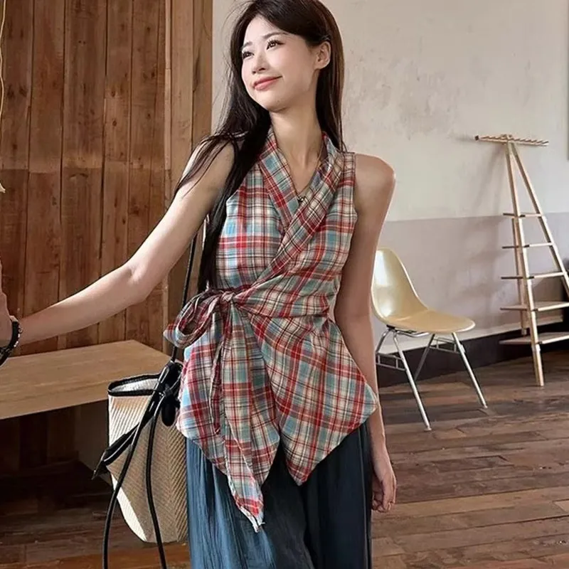 REMOULD Tank Tops Women's Red Plaid Top Shopping Bag-1