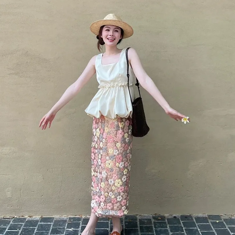 REMOULD Skirt Set Women's Apricot Top+Multicolor Skirt-3