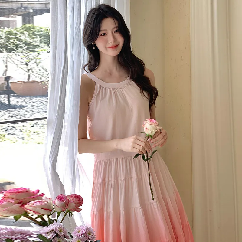 REMOULD Slip Dress Women's Gradient Pink Dress+Waist Cinch Strap-5