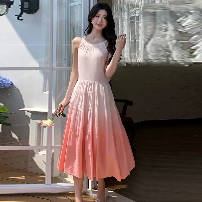REMOULD Slip Dress Women's Gradient Pink Dress+Waist Cinch Strap-6