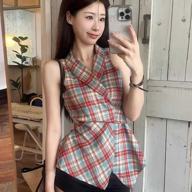 REMOULD Tank Tops Women's Red Plaid Top Shopping Bag-2