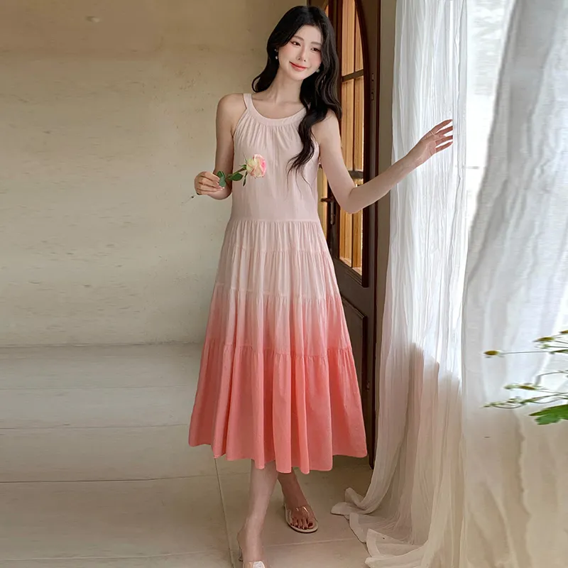 REMOULD Slip Dress Women's Gradient Pink Dress+Waist Cinch Strap-3